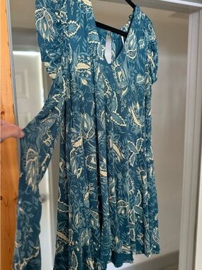 Free People Teal Floral Long Sleeve V-Neck Dress